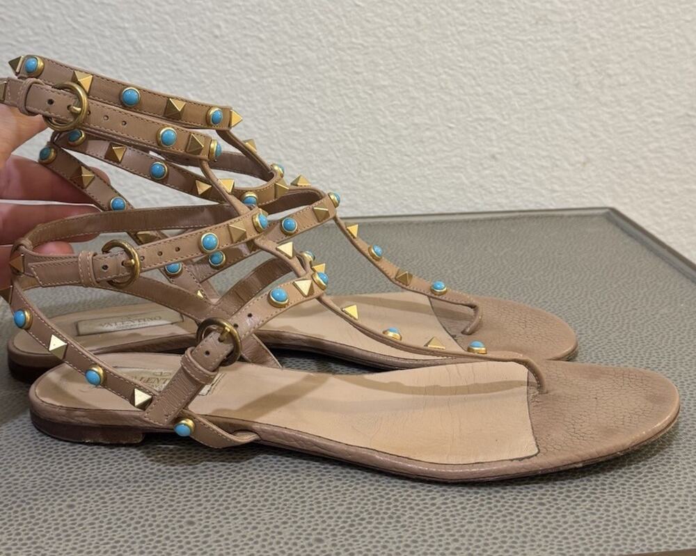 VALENTINO ROCKSTUD TURQUOISE GLADIATOR SANDAL LEATH SZ 41.5 $995